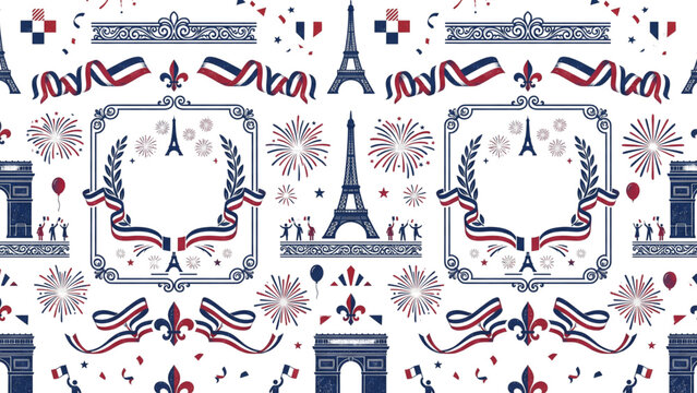 Seamless Bastille Day pattern featuring Paris landmarks and French patriotic elements