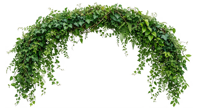 Lush green ivy arch and hanging climbing plants isolated on a white background.