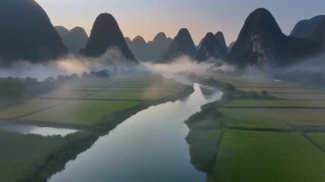 A serene aerial view of a winding river flowing through vibrant green rice fields, framed by iconic karst mountains under a soft, misty sunrise.