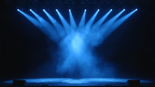 Blue spotlights shining on dark empty stage with smoke