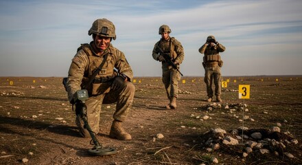 Fototapeta premium Soldier scanning ground with metal detector to locate landmine in field. Men in military uniform performing mine clearance operation. De-mining mission, war zone safety and defense.