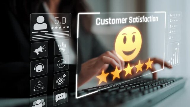 Customer feedback and satisfaction rating system showing star review, happy face, performance score, and service evaluation to improve customer experience Marrow