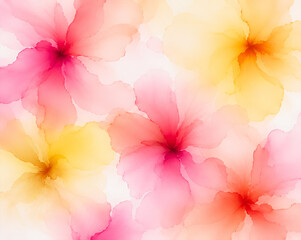 Fototapeta premium Abstract Watercolor Hibiscus Floral Background in Pink and Yellow Tropical Flowers