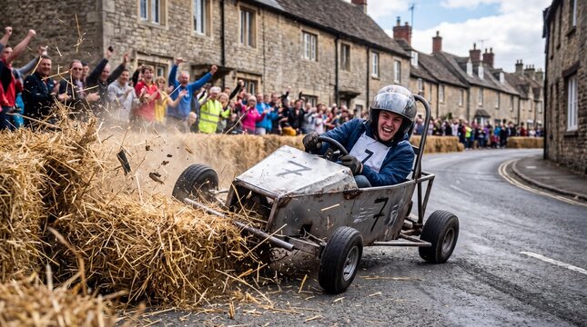 Thrilling soapbox car crash into hay bales during a gravity kart race.