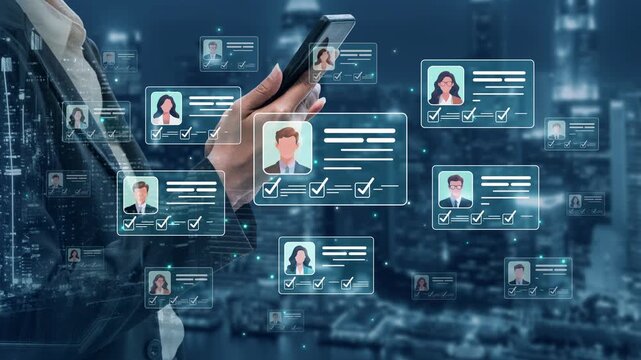 Digital hiring process with virtual resume display and candidate selection interface over urban cityscape at night showcasing modern recruitment technology Sigmoid