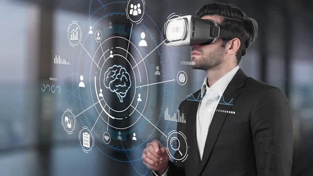 Man in Suit Wearing Virtual Reality Headset Engaging in Futuristic Technology Concept with Digital Brain Interface and Data Visualizations in Office Interior. Entropy.