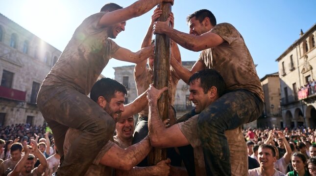 Men climb the greased pole during the traditional La Tomatina festival in Spain
