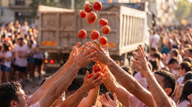 People catching tomatoes thrown in the air at La Tomatina festival in Spain