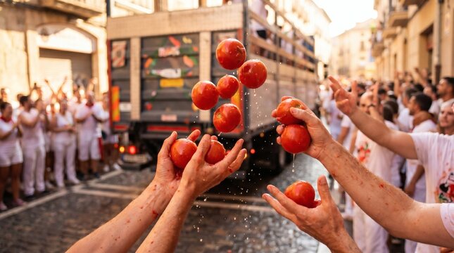 Splashing tomatoes caught in hands during La Tomatina festival in Spain