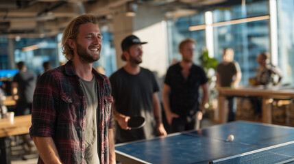 Obraz premium A diverse team of professionals playing ping pong in a modern, sunlit open-plan office. Two male colleagues are actively engaged in a friendly game of table tennis, while other col