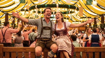Fototapeta premium Happy couple in traditional Bavarian attire celebrating at Oktoberfest tent
