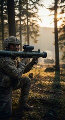 Fototapeta premium Man soldier kneeling with anti-tank weapon in forest during sunset. Military combat operation with armed infantry. Danger and aggression in modern battlefield defense strategy.