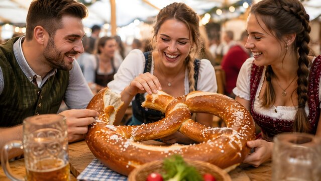 Happy friends sharing a giant Bavarian pretzel at Oktoberfest celebration.