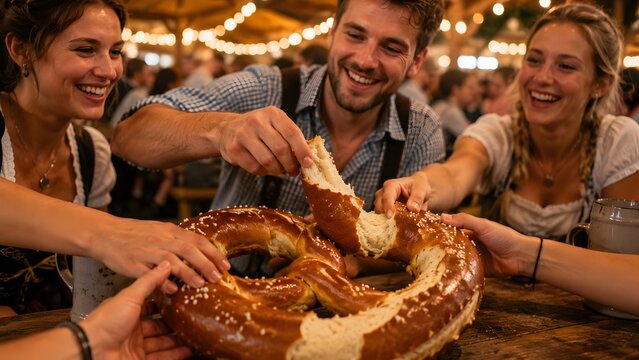 Cheerful friends sharing a giant traditional Bavarian pretzel at Oktoberfest