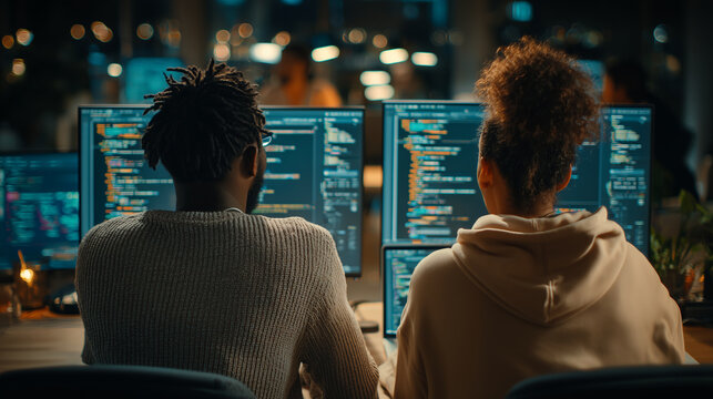 Two professional software developers collaborating on a project in a modern, well-lit office. A man and a woman are sitting at a desk, discussing work while looking at a laptop com