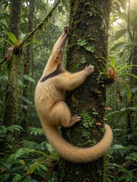 Silky anteater on Amazon rainforest tree trunk