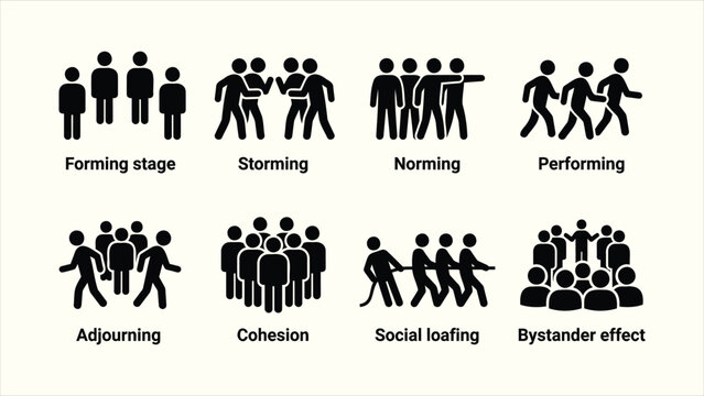 Group dynamics and team development stages stick figure vector icon set