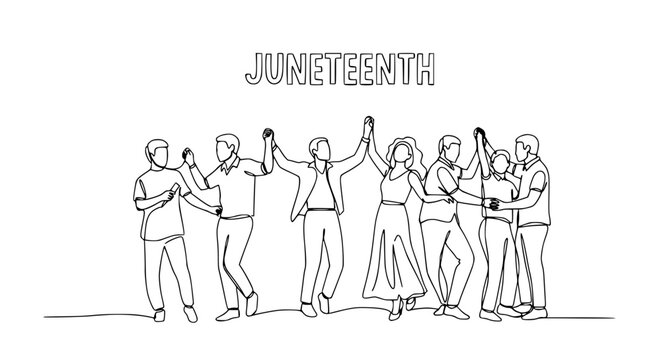 Juneteenth Celebration: Diverse People Holding Hands in Joyful Dance, Line Art