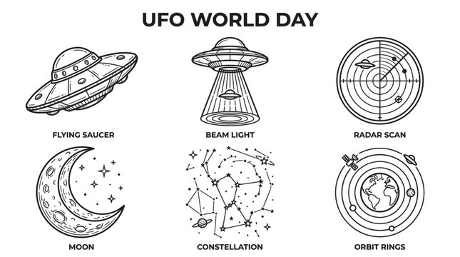 UFO World Day Illustrations: Flying Saucer, Moon, Constellation, Radar, Orbit