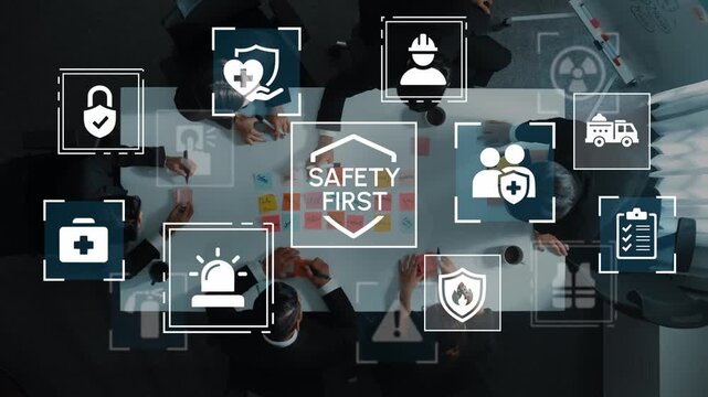 Safety First: Business Team Discussing Workplace Safety Strategies with Icons Representing Health, Security, and Emergency Preparedness in Modern Office Setting. Entropy.