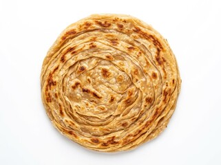 Obraz premium A golden-brown, circular paratha is displayed from above, showcasing its flaky, layered texture and perfectly cooked surface