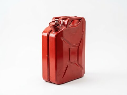 A red metal jerrycan, often used for fuel, is presented in a studio shot with a clean, white background. The can has a robust, utilitarian design.