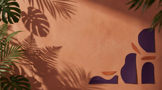 Parede terracota com sombras de folhas para Dia das Bruxas
