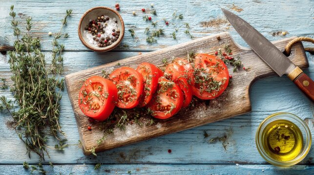 Freshly Sliced Tomatoes on Wooden Cutting Board with Herbs and Olive Oil on Blue Table Surface for Healthy Cooking and Culinary Inspiration