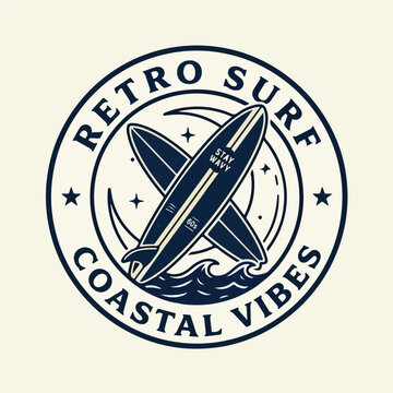 Retro surf emblem with crossed surfboards on coastal background