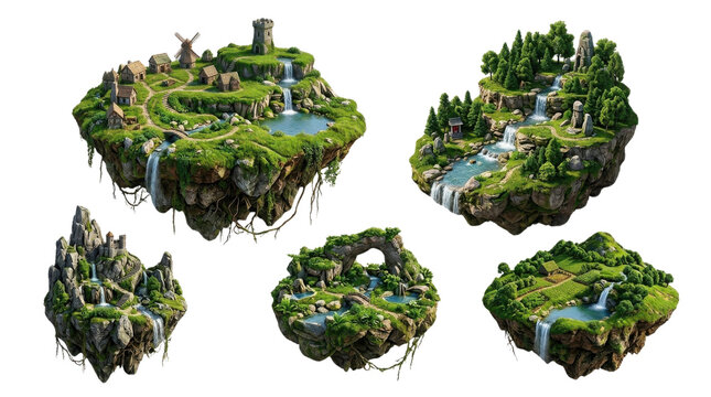 Floating fantasy islands set with medieval villages and waterfalls, 5 isometric flying land masses, magical green world map assets for game design