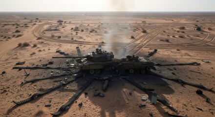 Obraz premium Burned out military tank destroyed in desert terrain. Wreckage of armored combat vehicle after battlefield explosion. Global conflict, war aggression and defense failure concept.