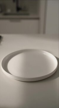 White plate round plate ceramic plate minimalist design empty dish modern kitchen soft focus neutral color clean surface home decor simple style tableware shallow focus modern plate minimal design