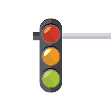 Flat vector illustration of a vertical traffic light on a horizontal post featuring detailed red, yellow, and green circular signals, isolated on a white background.