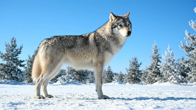 A winter wolf standing in a cold snowy forest landscape under a clear blue sky capturing the essence of wild predatory wildlife within a frozen arctic habitat setting