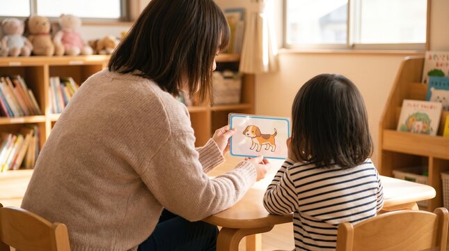 Teacher showing a flashcard with a dog illustration to a young child