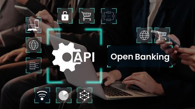 Digital transformation in finance with open banking and API technology, depicting modern banking services and user interaction on mobile and laptop devices Gluon.