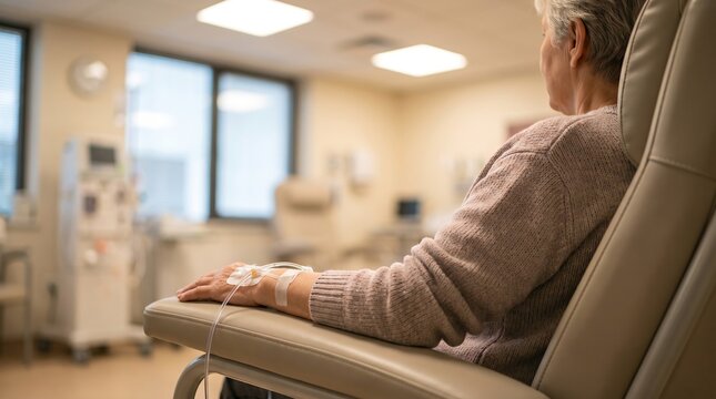 Patient receiving dialysis treatment while seated in a clinic chair
