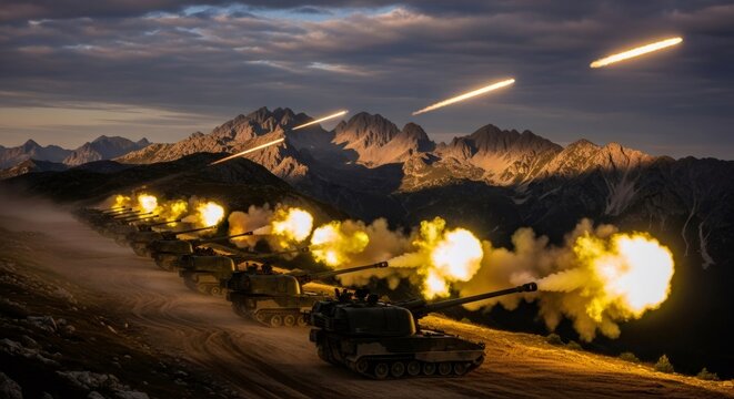Artillery firing from tank in mountain landscape. Military battalion attack with projectile explosion. Combat mission in wilderness. Heavy weapon equipment for battlefield defense concept.