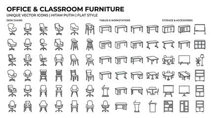 Office and Classroom Furniture Vector Icons Set - Chairs, Desks, Tables, Storage © nongko