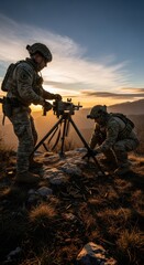 Fototapeta premium Soldiers setting up machine gun on mountain peak at sunset. Military unit preparing defensive position during combat mission. Tactical operation in wilderness. Armed conflict defense concept.