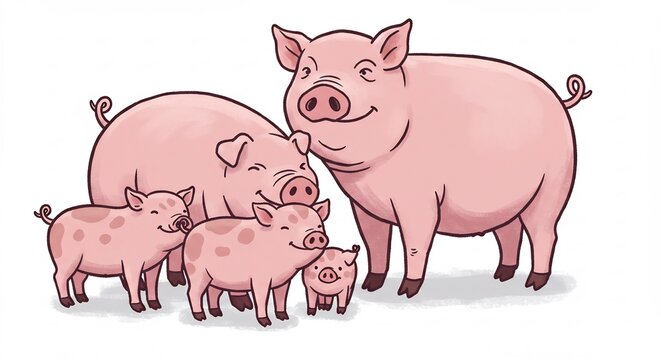 Playful pig family featuring a proud parent sow and boar with three cute baby piglets in a clean minimalist cartoon on white. AI Generated