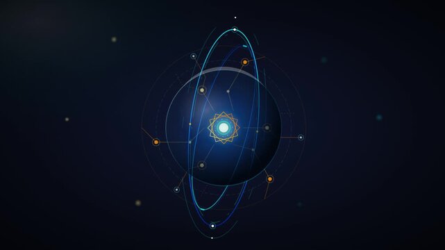 Digital animated atom model with rotating orbital rings and glowing core