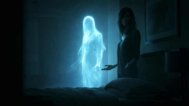 Woman interacts with glowing ethereal ghost in dark bedroom