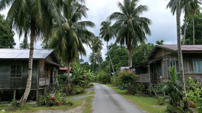 Traditional stilt houses along a village road with coconut palms