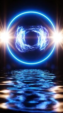 A neon ring portal rises over dark water with purple swirl