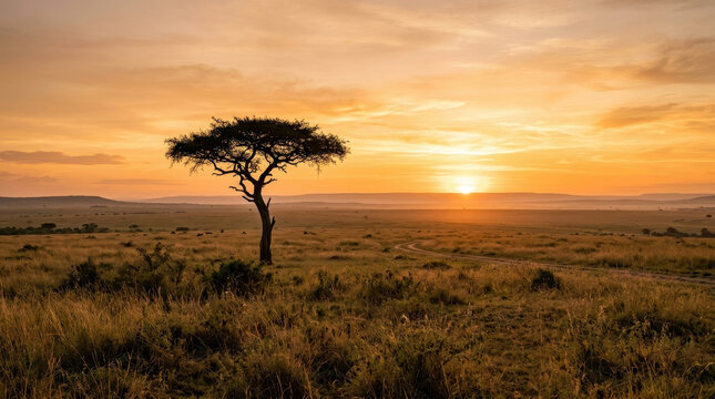 Breathtaking sunset over the African savanna with a solitary acacia tree on the horizon line