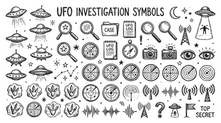 Fototapeta premium UFO Investigation Symbols: Aliens, Saucers, Radar, Case Files, Top Secret