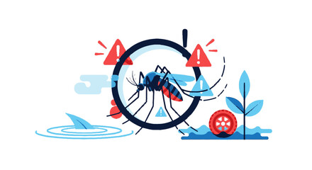 Fototapeta premium A mosquito magnified under a circular lens near a plant with warning signs