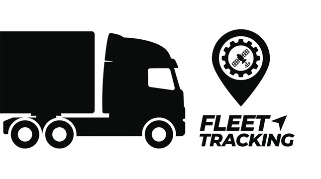 A black silhouette of a truck is shown next to a fleet tracking icon with a satellite and gear.