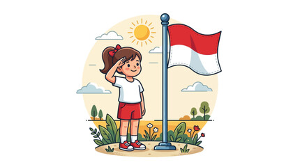 Fototapeta premium Cartoon illustration of a young girl saluting the Indonesian flag. EPS Editable. Vector Illustrations.